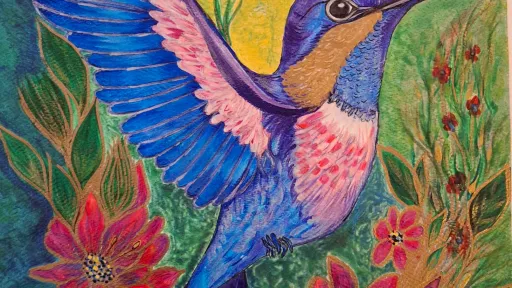 Watercolor and pen painting of hummingbird flying amongst red flowers.