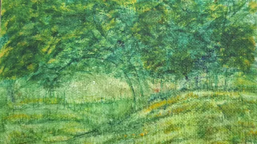 Impressionistic acrylic painting of a field and trees.