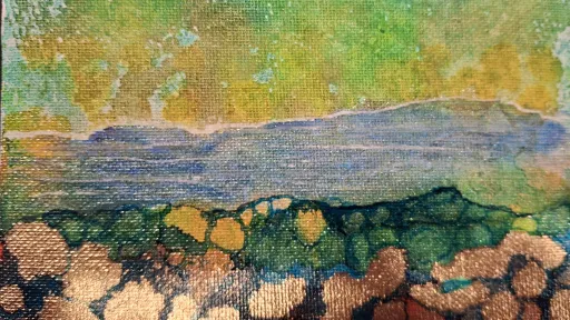 Watercolor and alcohol ink painting of a landscape, with bright greens and blues.