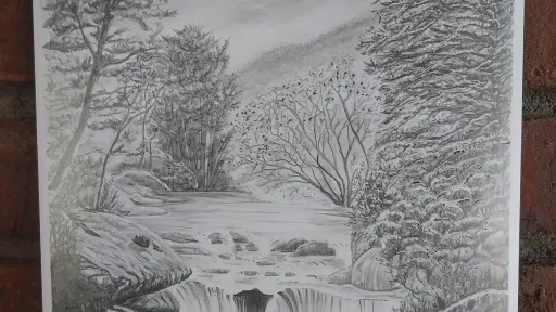 Pencil art of a cascading mountain stream.