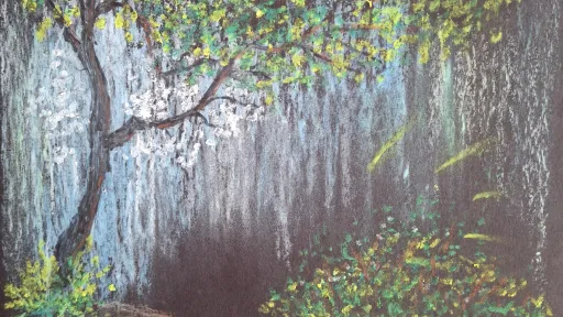 Pastel drawing of a waterfall with a tree and rocks.