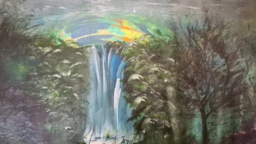 Acrylic painting of a waterfall with bright sky.