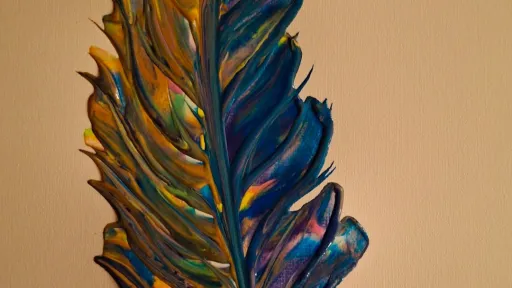 Artwork shows a feather created using acrylic.