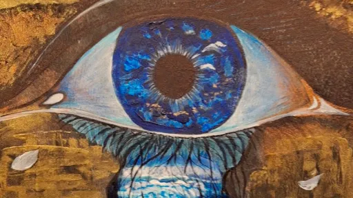 Acrylic artwork of an eye with a waterfall tear and tree branch above.