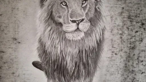 Graphite and charcoal pencil drawing of a lion approaching.