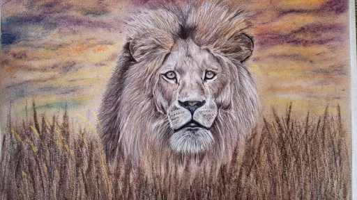 Pastels and color pencil drawing of a lion in tall grass.