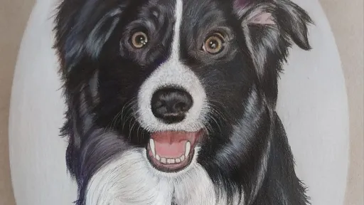 Color pencil of a black and white dog with collar.
