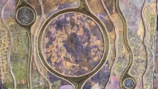 Acrylic and silk threads artwork featuring textured layers, organic gold lines, and a prominent central circle.