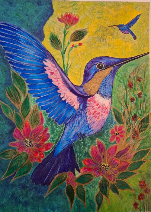 Watercolor and pen painting of hummingbird flying amongst red flowers.