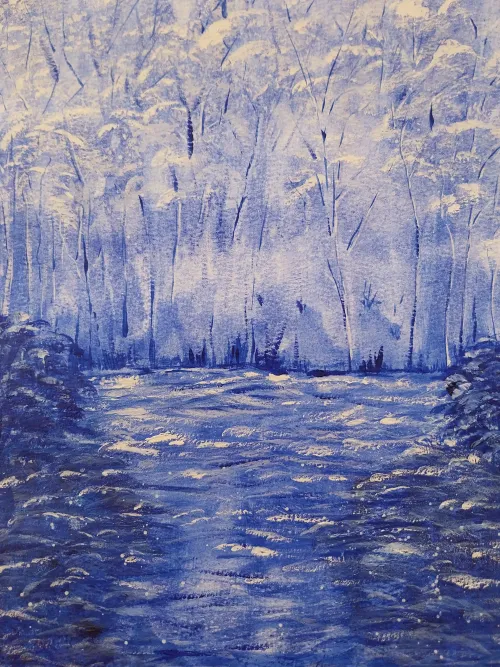 Acrylic painting of snowy forest reflected in water.