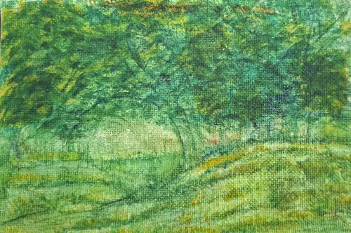 Impressionistic acrylic painting of a field and trees.