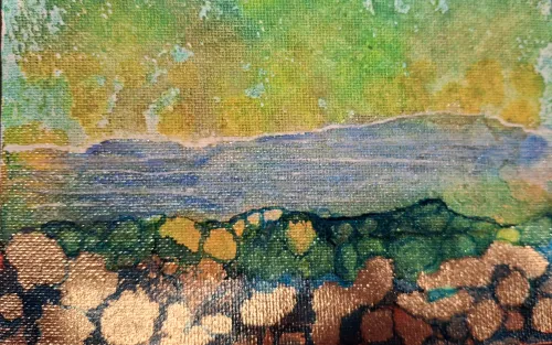 Watercolor and alcohol ink painting of a landscape, with bright greens and blues.