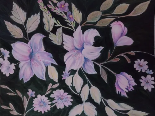 Color pencil artwork of pale purple floral and leaf arrangement.