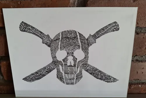 Intricate pen ink drawing of skull and machetes as crossbones.