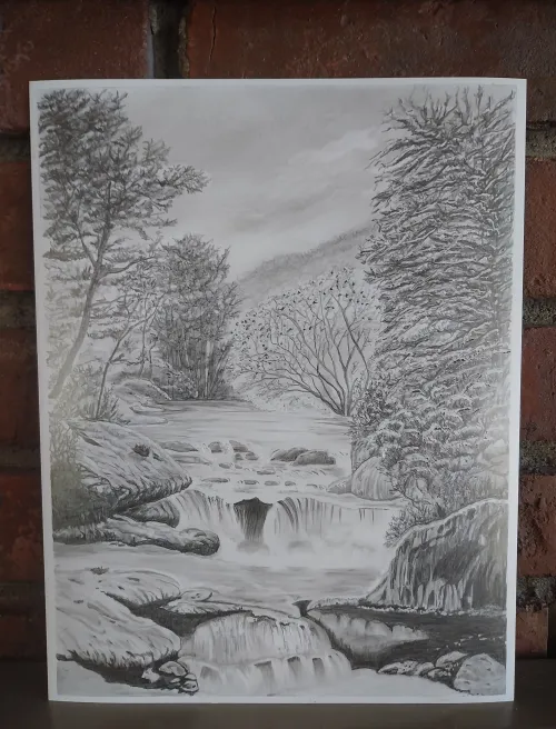 Pencil art of a cascading mountain stream.