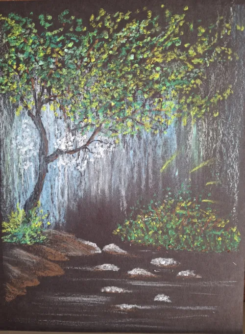 Pastel drawing of a waterfall with a tree and rocks.