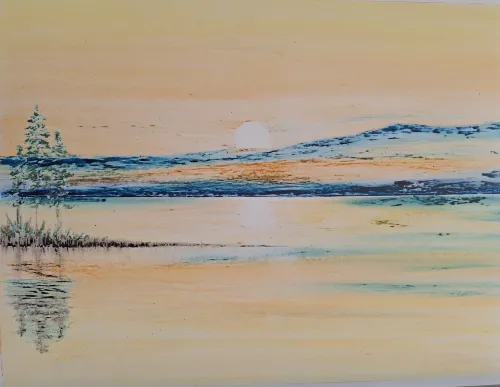 Pastel painting of a lake at sunset.