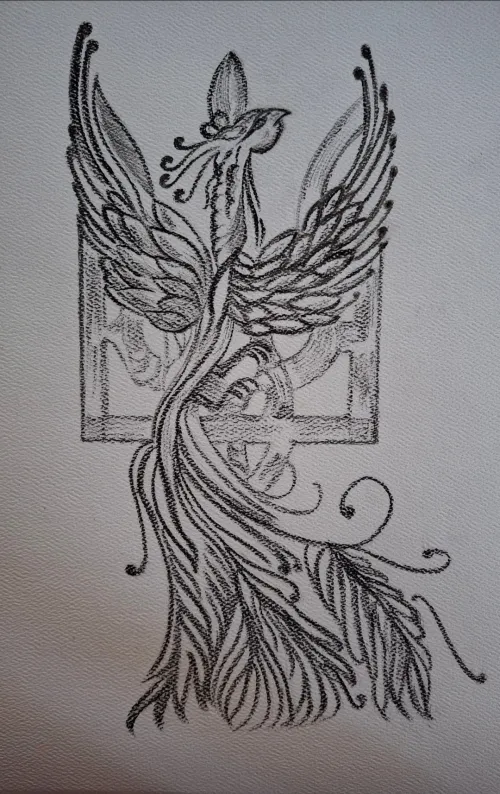 Phoenix graphic with emblem in pencil