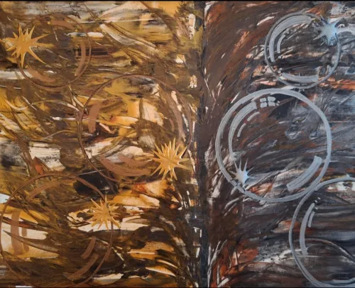 Acrylic artwork of gold stars and silver rings on wood