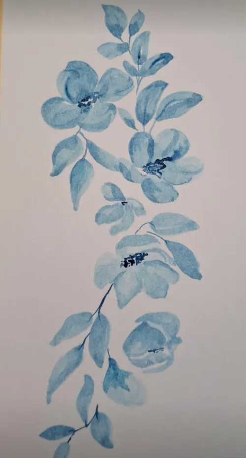 Watercolor painting of blue flowers and leaves.