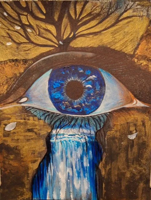 Acrylic artwork of an eye with a waterfall tear and tree branch above.