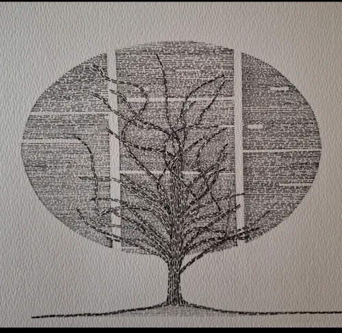 Pointillism art of a bare tree in an oval frame in pen