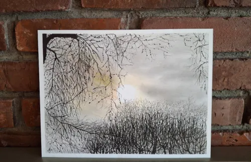 Ink and charcoal painting of a winter tree line with sun.