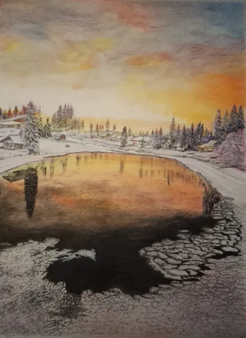 Color pencil painting of lake reflecting an orange sunset.
