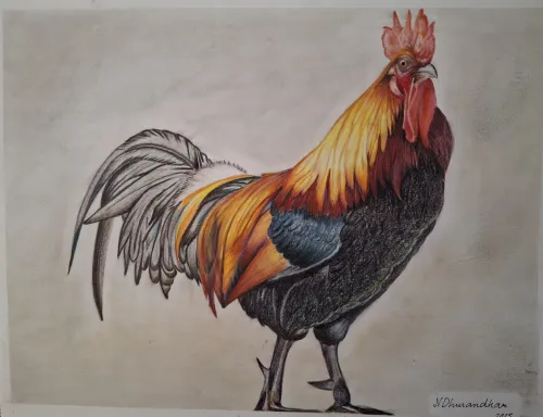 Colorful rooster illustration in color pencil