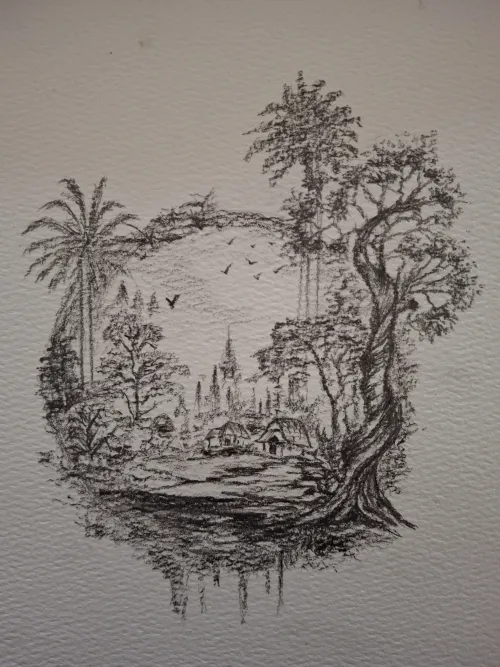 Illustration of a tropical forest with a river inside a circle