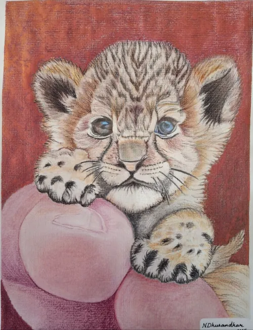 Illustration of a tiger cub resting on a finger