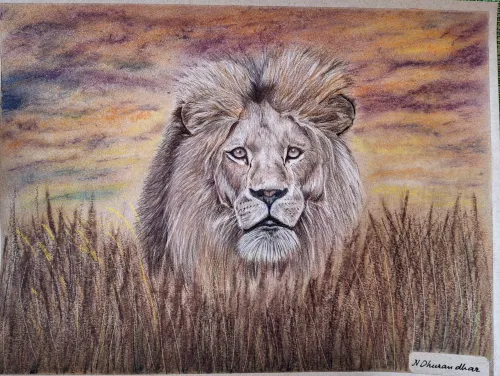 Pastels and color pencil drawing of a lion in tall grass.