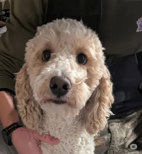 Fluffy doodle dog portrait with dark eyes.