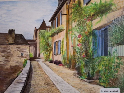 Color pencil of a charming European alley, stone buildings with climbing roses.