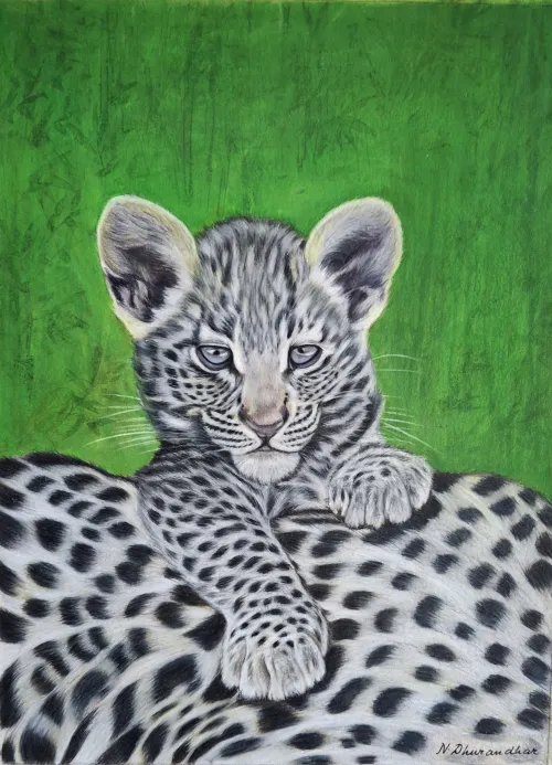 Painted portrait of a baby snow leopard with blue eyes, resting on its parent with a green forest background.