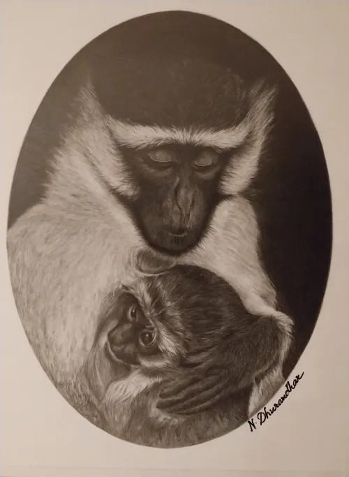 Monochromatic graphite pencil drawing of a mother monkey tenderly embracing her baby.