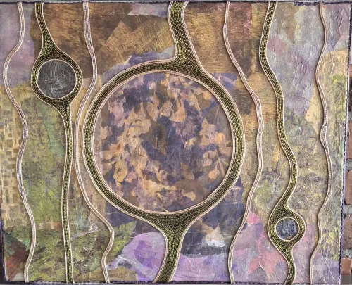 Acrylic and silk threads artwork featuring textured layers, organic gold lines, and a prominent central circle.